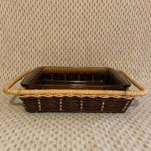 New Vintage 8” Amber Pyrex Dish with Wicker Serving Tray